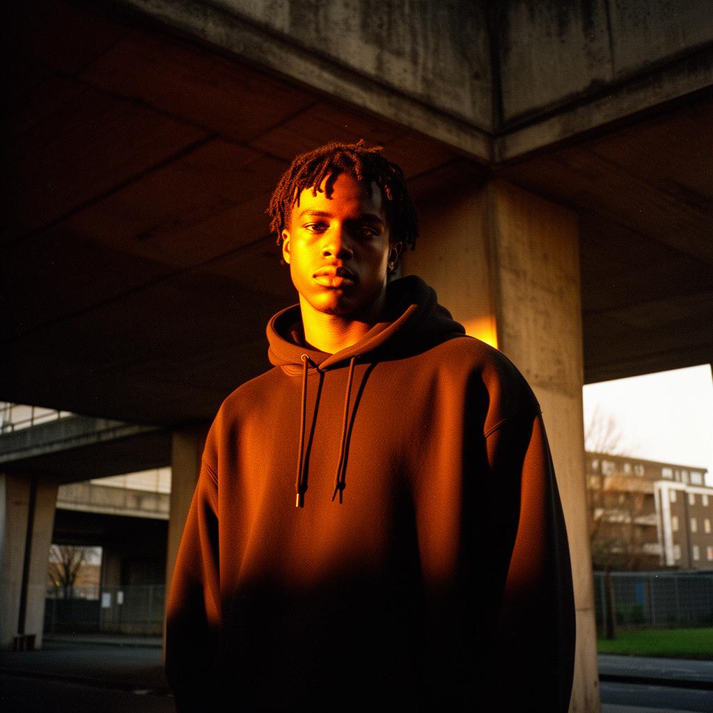 A young Londoner in golden hour light beneath brutalist concrete