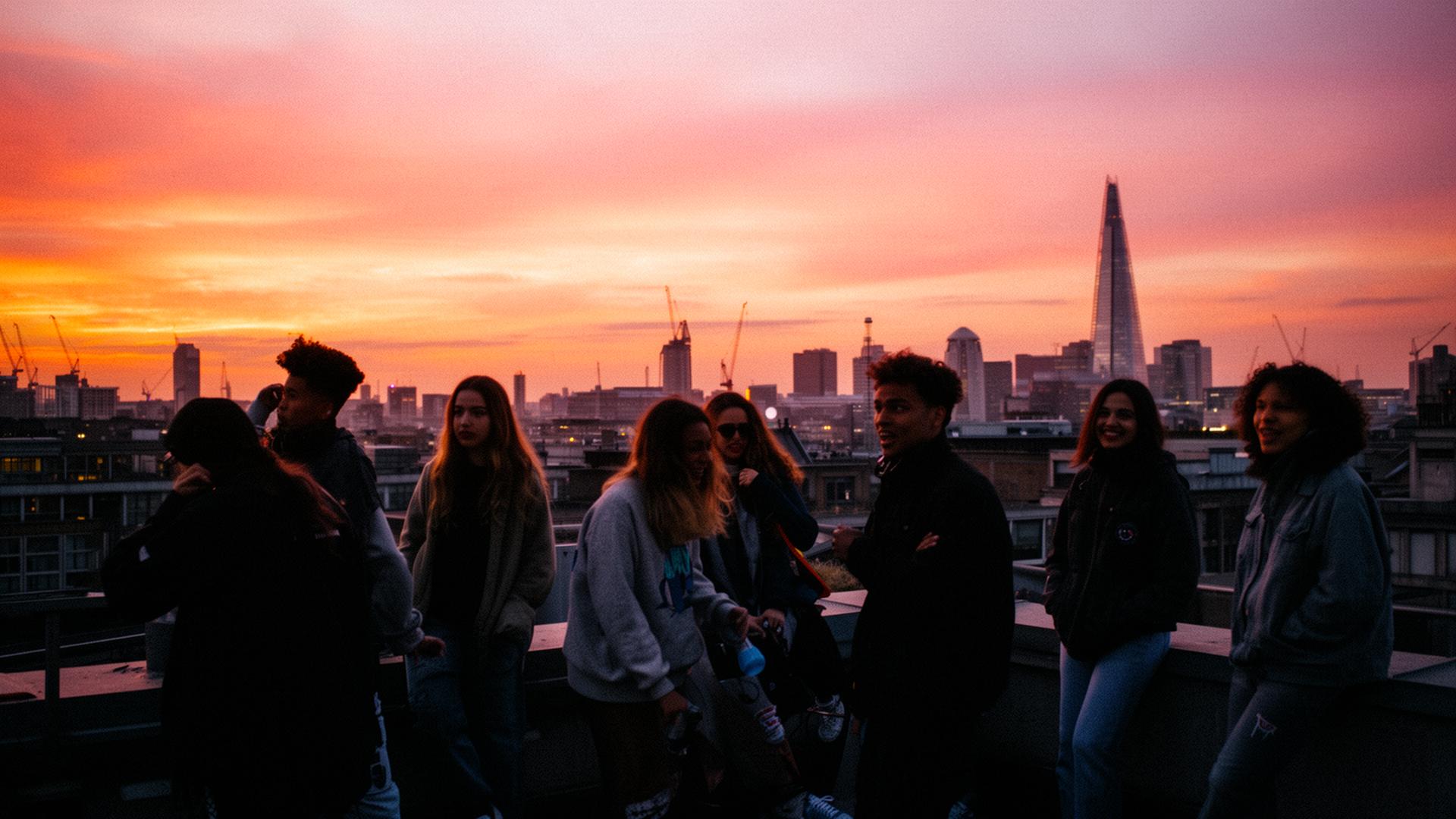 Crew silhouetted on a London rooftop at sunset, the Shard in the distance