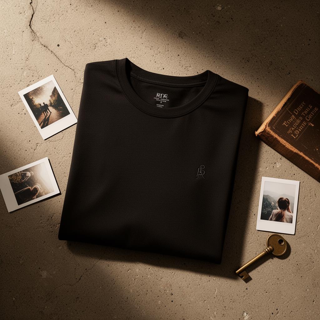 Folded heavyweight black tee with polaroids, a worn book, and a brass key